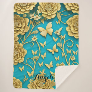Teal and Gold Flowers Personalised Name Sherpa Blanket