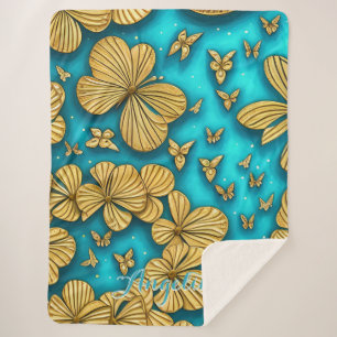 Teal and Gold Flowers Personalised Name Sherpa Blanket