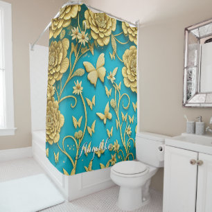 Teal and Gold Flowers Personalised Name Shower Curtain