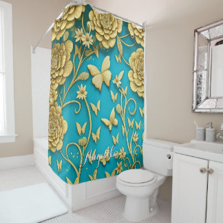 Teal and Gold Flowers Personalised Name Shower Curtain