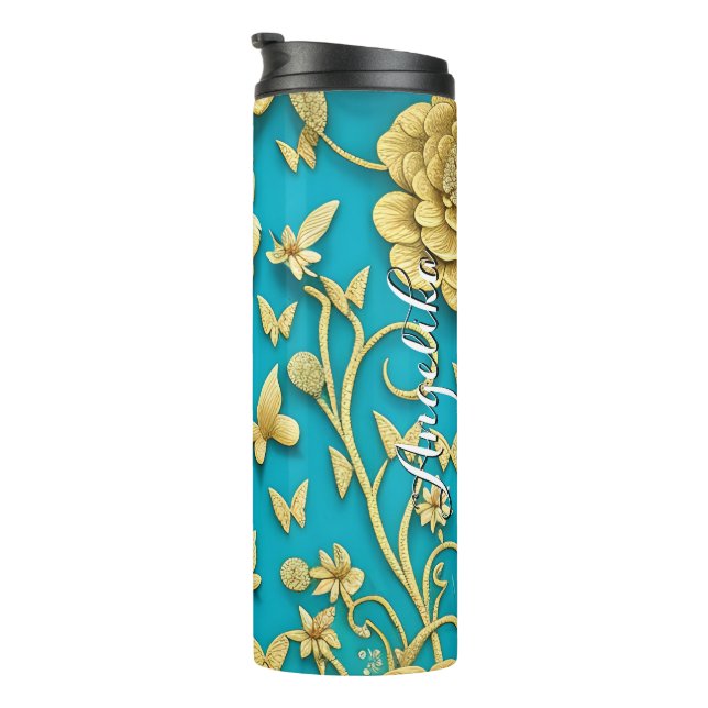 Teal and Gold Flowers Personalised Name Thermal Tumbler (Rotated Right)