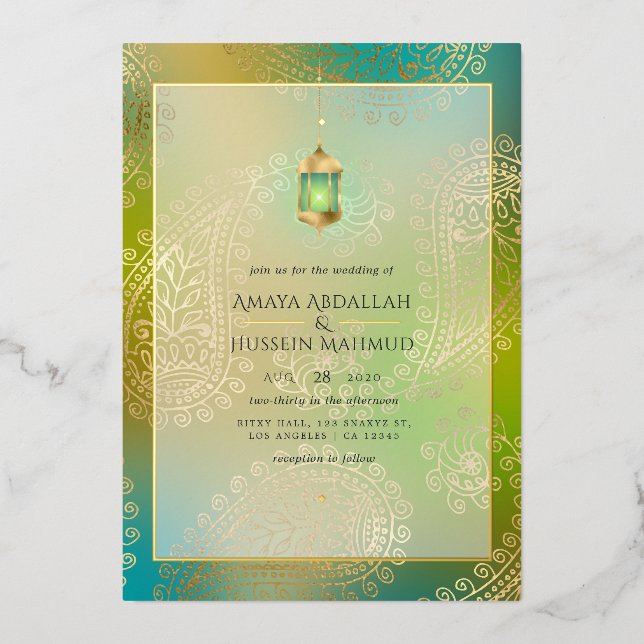 Teal and Gold Foil Arabian Wedding Foil Invitation (Front)