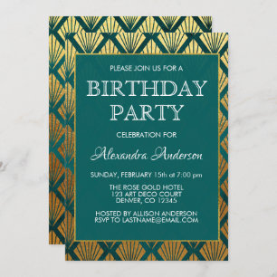 Teal and Gold Foil Art Deco Birthday Party Invitation