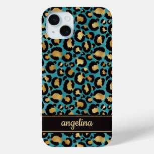 Teal And Gold Foil Leopard Print Monogrammed iPhone 15 Mini Case