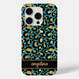Teal And Gold Foil Leopard Print Monogrammed iPhone 15 Pro Case