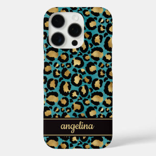 Teal And Gold Foil Leopard Print Monogrammed iPhone 16 Pro Case
