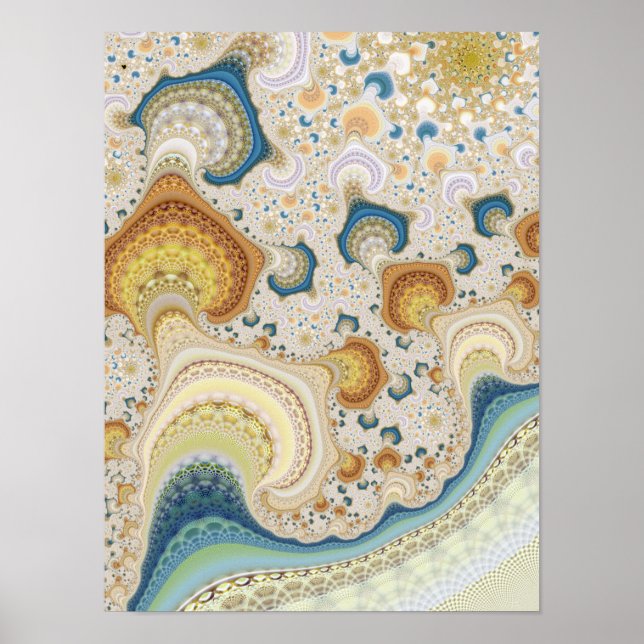 Teal and Gold Fractal Wave Abstract Poster (Front)