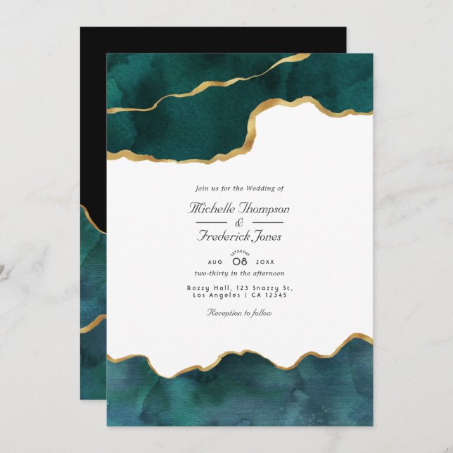 Teal and Gold Geode Agate QR Code RSVP Wedding Invitation (Front/Back)