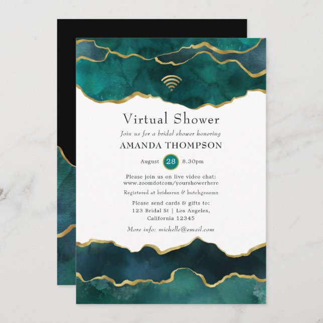 Teal and Gold Geode Agate Stone Virtual Shower Invitation (Front/Back)