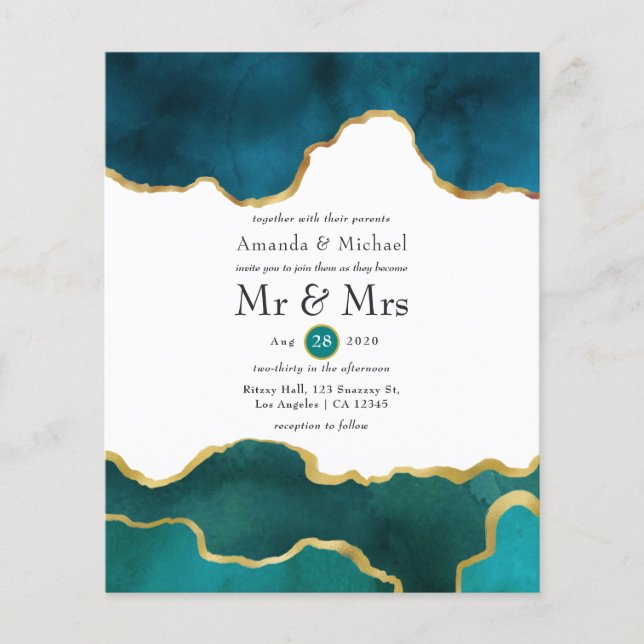 Teal and Gold Geode Agate Stone Wedding Flyer (Front)