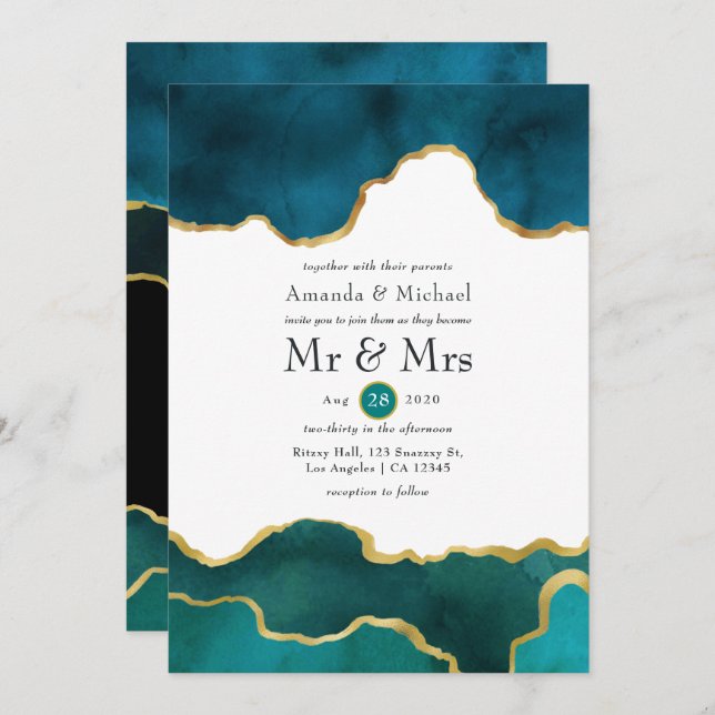Teal and Gold Geode Agate Stone Wedding Invitation (Front/Back)