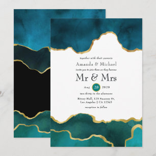 Teal and Gold Geode Agate Stone Wedding Invitation