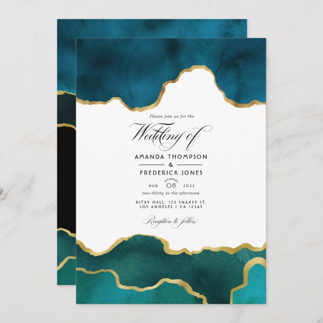 Teal and Gold Geode Agate Stone Wedding Photo Invitation (Front/Back)