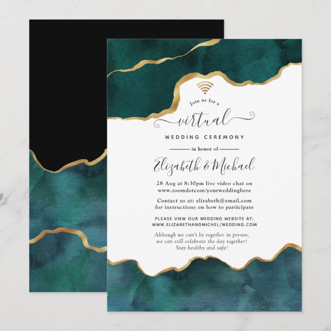 Teal and Gold Geode Agate Virtual Wedding Invitation (Front/Back)