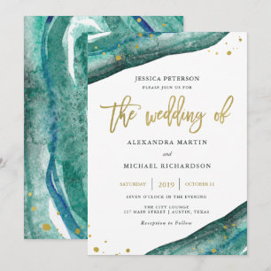 Teal and Gold Geode with Guest's Name   Wedding Invitation