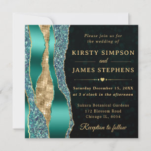 Teal and Gold Glam Tears Bokeh Wedding Invitation
