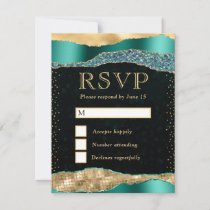 Teal and Gold Glam Tears Bokeh Wedding RSVP Card
