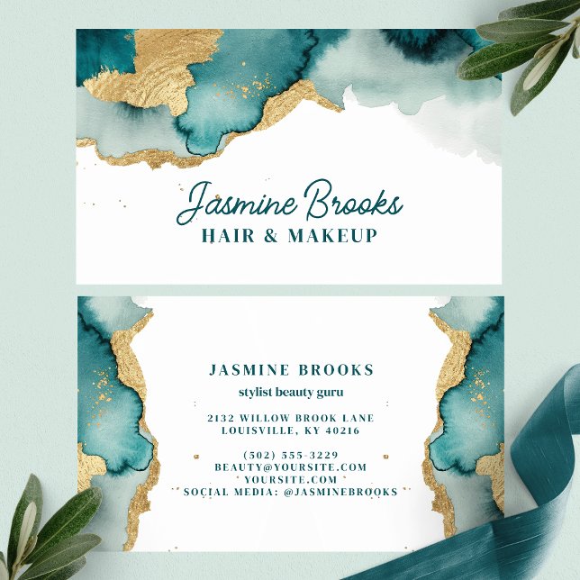 Teal and Gold Glam Watercolor Business Card (Creator Uploaded)