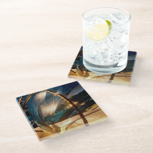 Teal and Gold Glass Coaster