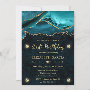 Teal and Gold Glitter Agate 21st Birthday Invitation