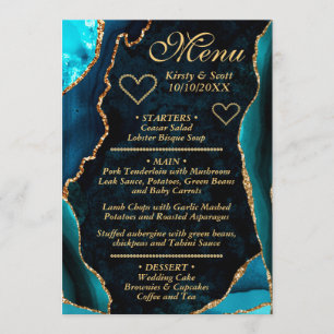 Teal and Gold Glitter Agate Marble Wedding Menu