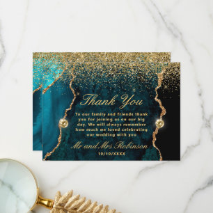 Teal and Gold Glitter Agate Marble Wedding Thank You Card