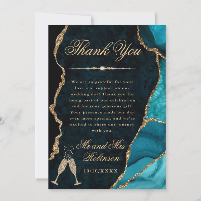 Teal and Gold Glitter Agate & Marble Wedding Thank You Card (Front)