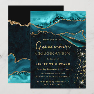 Teal and Gold Glitter Agate Quinceanera Invitation