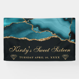 Teal and Gold Glitter Agate Sweet Sixteen Banner