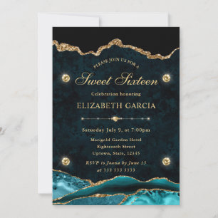 Teal and Gold Glitter Agate Sweet Sixteen Invitation