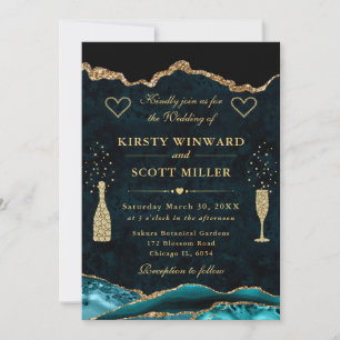 Teal and Gold Glitter Agate Wedding Invitation