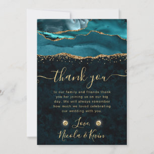Teal and Gold Glitter Agate Wedding Thank You Card