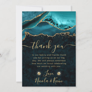 Teal and Gold Glitter Agate Wedding Thank You Card