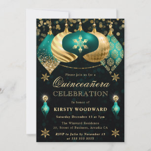 Teal and Gold Glitter Baubles Quinceanera Invitation