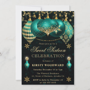 Teal and Gold Glitter Baubles Sweet Sixteen Invitation