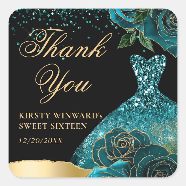Teal and Gold Glitter Dress Glam Roses Sweet 16 Square Sticker (Front)