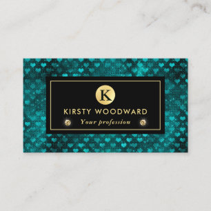 Teal and Gold Glitter Glam Hearts Pattern Business Card