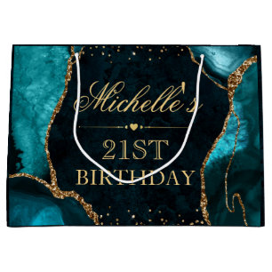 Teal and Gold Glitter Marble Agate Birthday Large Gift Bag