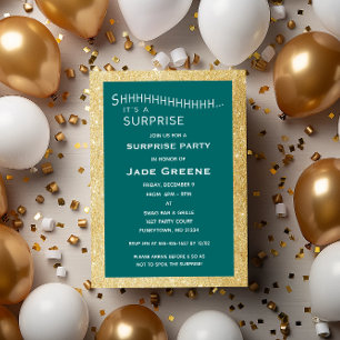 Teal  and Gold Glitter Surprise Party Birthday Invitation
