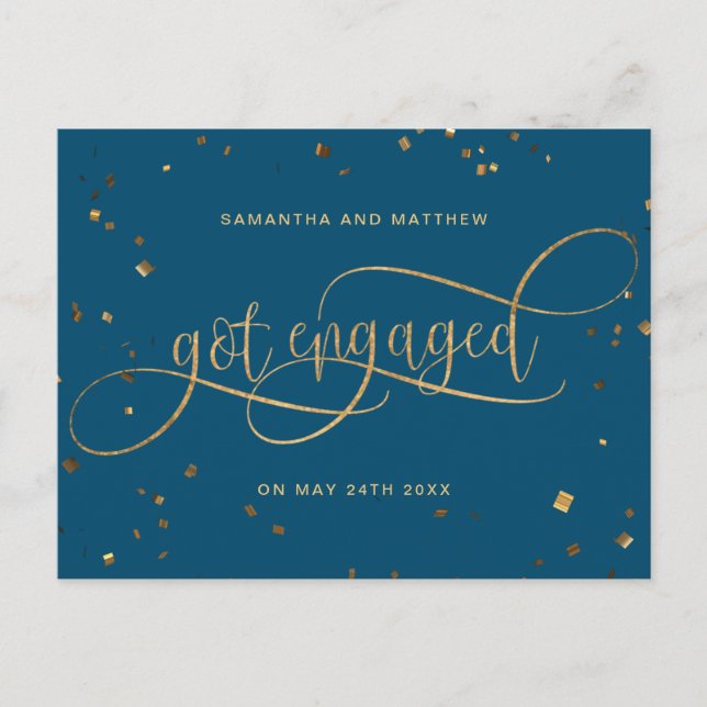 Teal and Gold, Got Engaged Confetti, Engagement Announcement Postcard (Front)