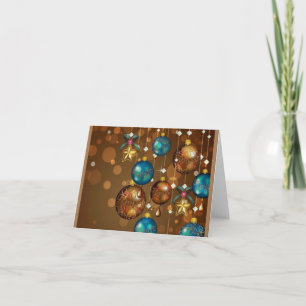 Teal and gold hanging ornaments Christmas card
