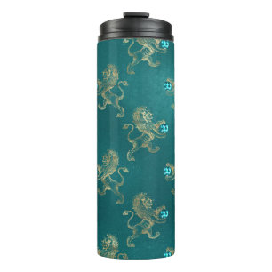 Teal and Gold Heraldic Lion and Aquamarine Gem Thermal Tumbler