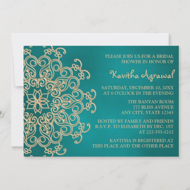 Teal and Gold Indian Inspired Bridal Shower Invitation (Front)