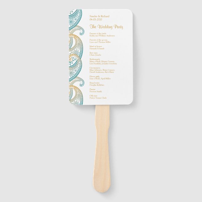 Teal and Gold Indian Paisley Wedding Program Hand Fan (Front)