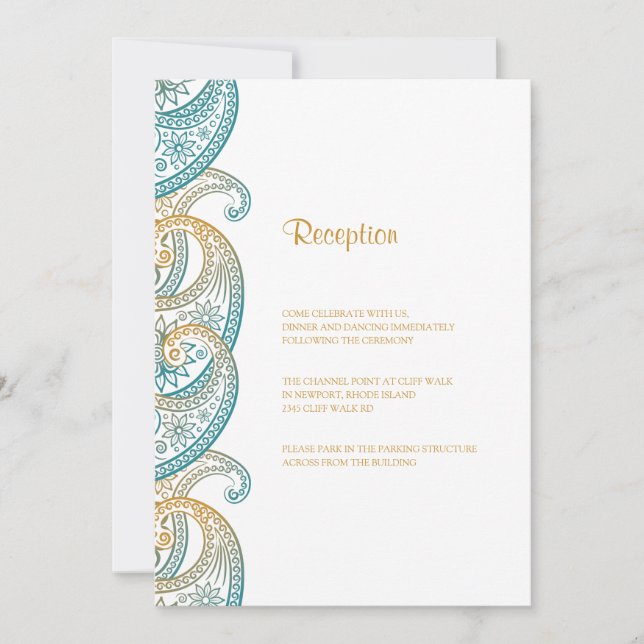 Teal and Gold Indian Paisley Wedding Reception Invitation (Front)