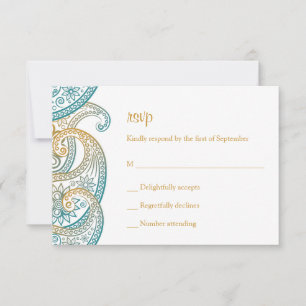 Teal and Gold Indian Paisley Wedding RSVP Card