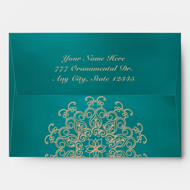 TEAL AND GOLD INDIAN STYLE ENVELOPE (Back (Top Flap))