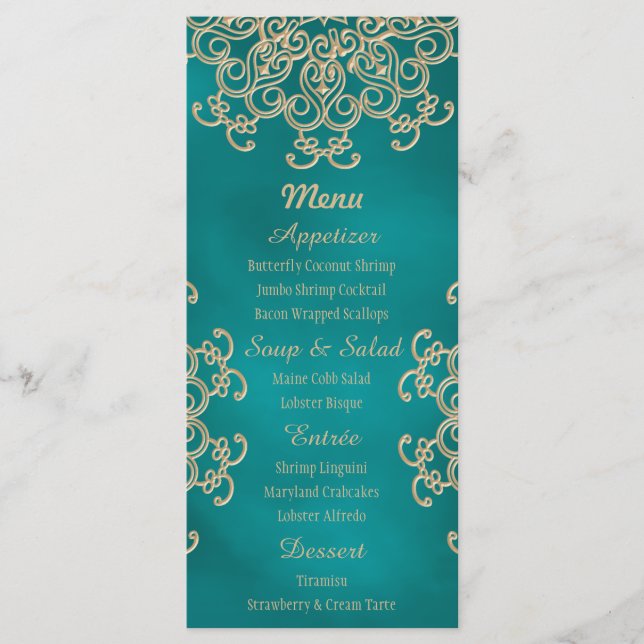 Teal and Gold Indian Style Menu Cards (Front)