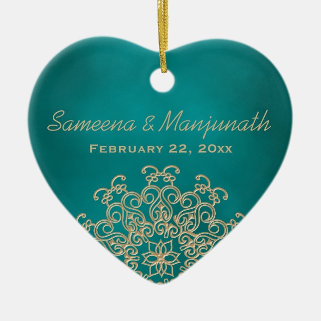 Teal and Gold Indian Style Wedding Party Favour Ceramic Tree Decoration (Front)