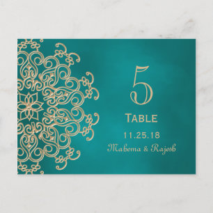 TEAL AND GOLD INDIAN WEDDING TABLE NUMBER CARD
